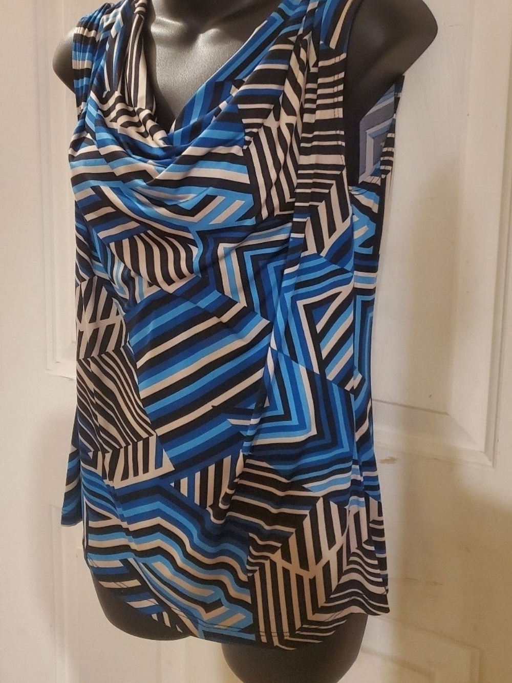 Draped Cowl Neck Geometric Stripe Camisole - Blue/Black/White - Picture 3 of 6
